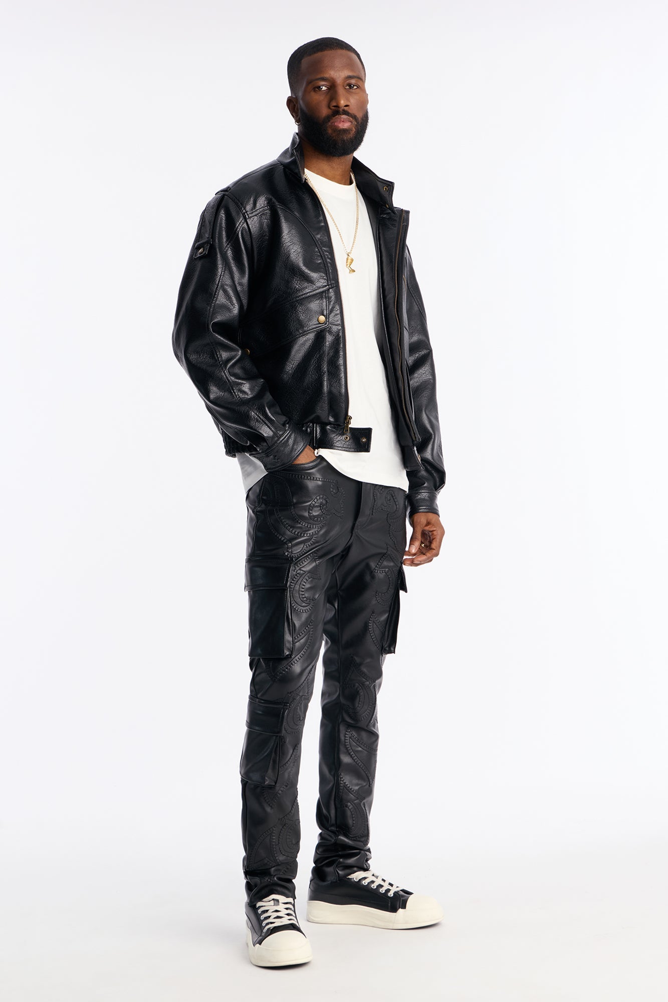 Skinny Stacked Faux Leather Paisley Embellished Pant - Black Fashion Nova