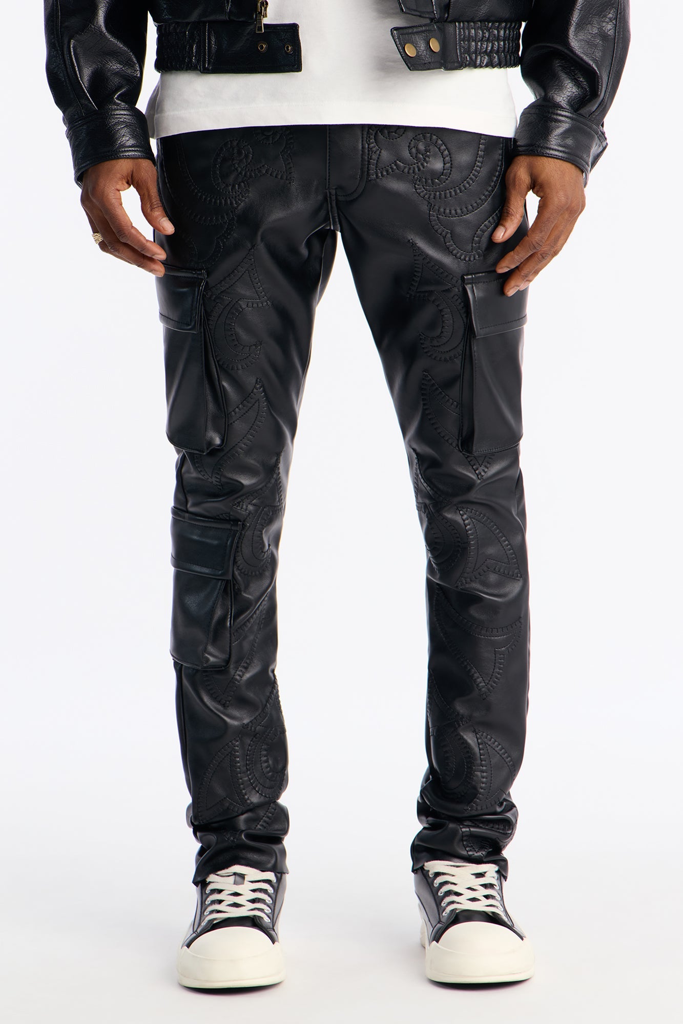 Skinny Stacked Faux Leather Paisley Embellished Pant - Black Fashion Nova