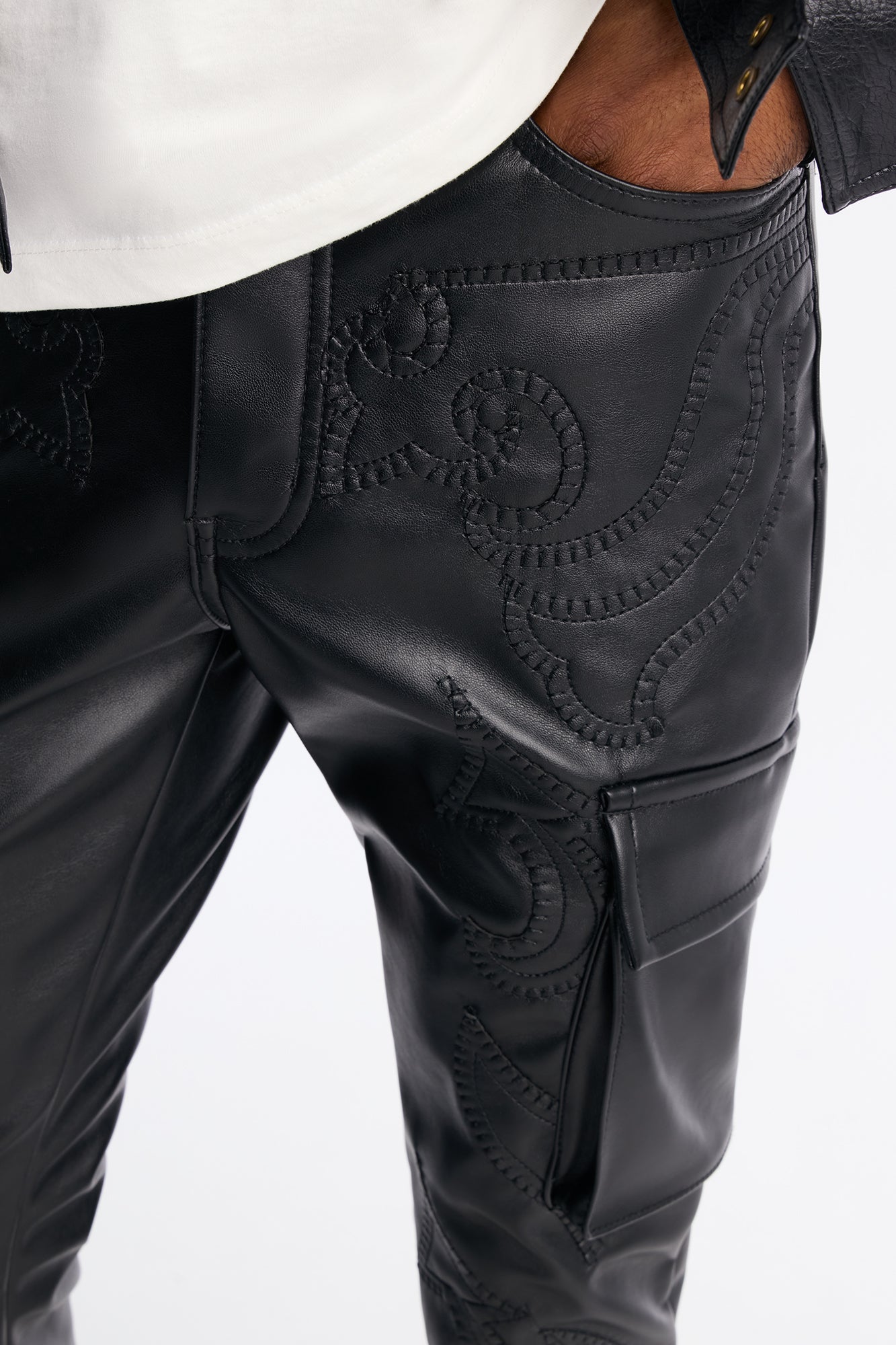 Skinny Stacked Faux Leather Paisley Embellished Pant - Black Fashion Nova