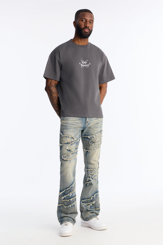 Stacked Slim Flare Fray Waves Jeans - Light Wash Fashion Nova