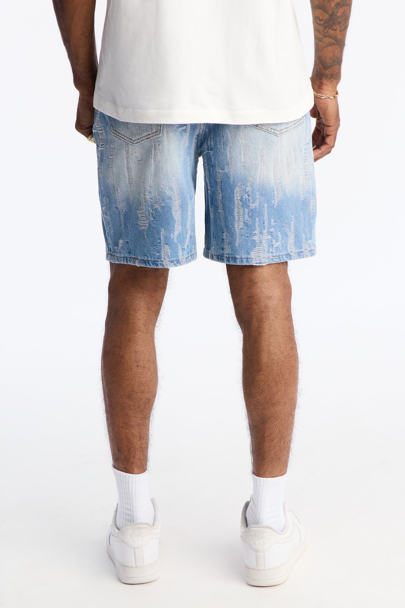 Relaxed All Over Distressed Denim Short - Medium Wash Fashion Nova