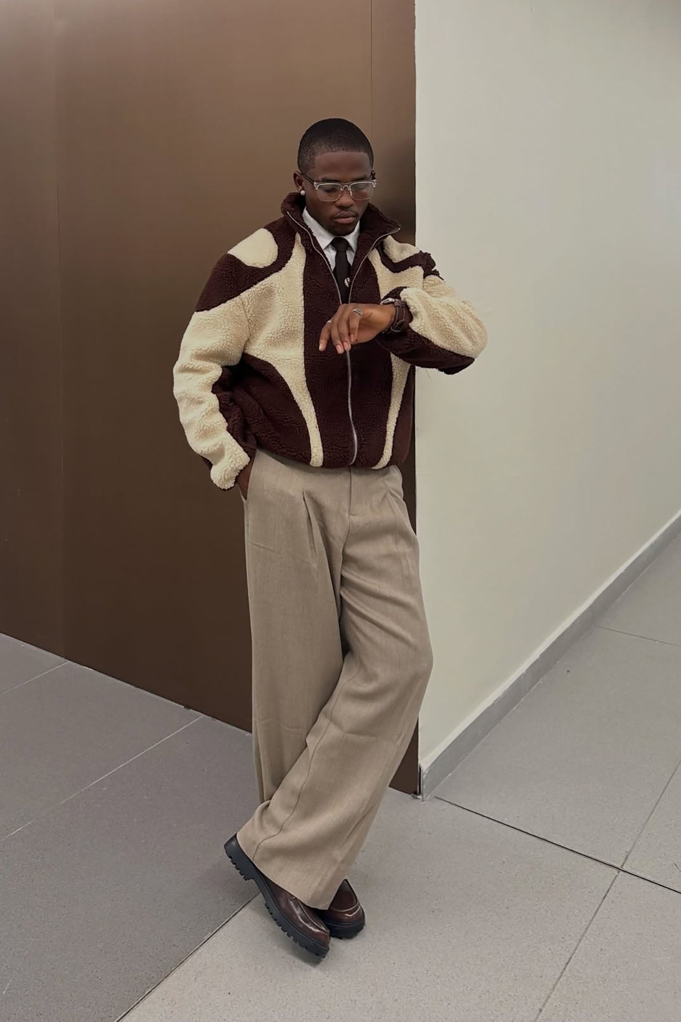 Oversized Sherpa Wave Paneled Zip Jacket - Brown Fashion Nova