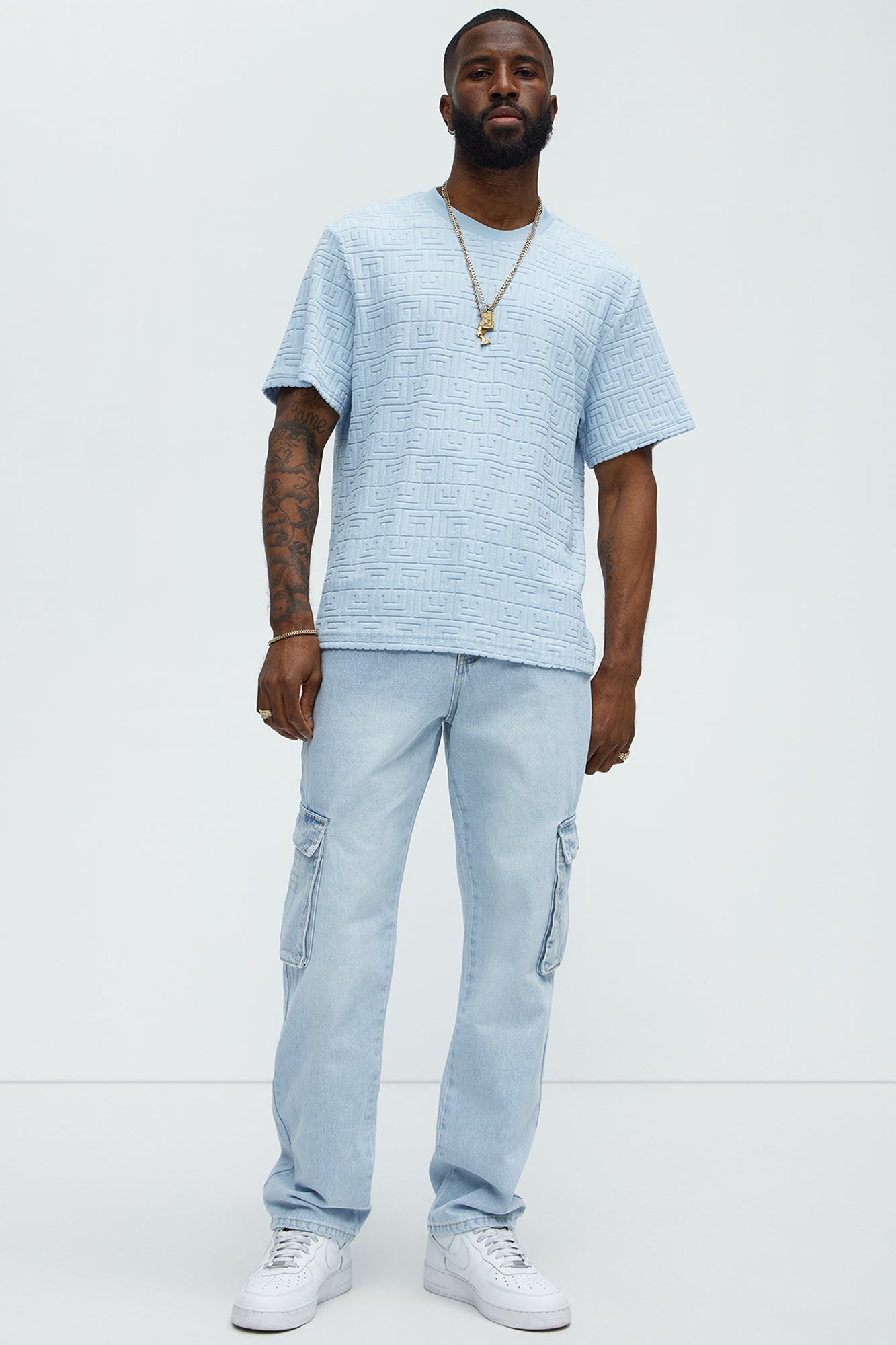 Geo Chenille Knit Crewneck Tee - Blue Fashion Nova