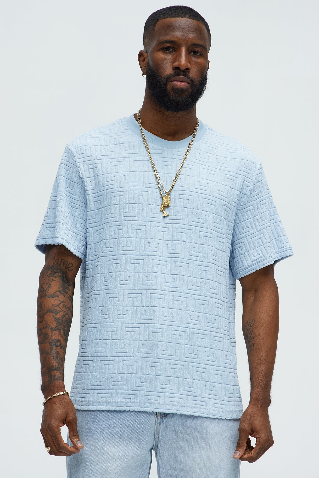 Geo Chenille Knit Crewneck Tee - Blue Fashion Nova