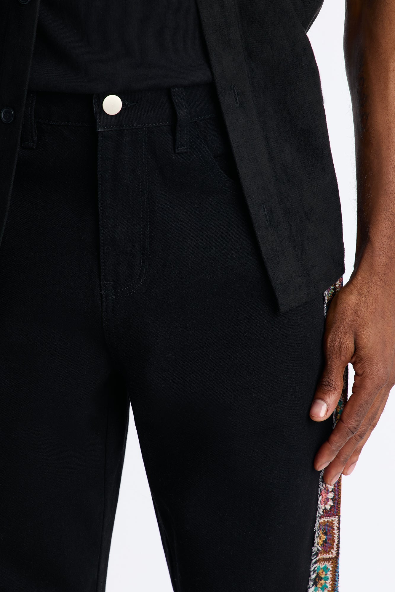 Stacked Slim Flare Split Tapestry Jeans - Black Fashion Nova