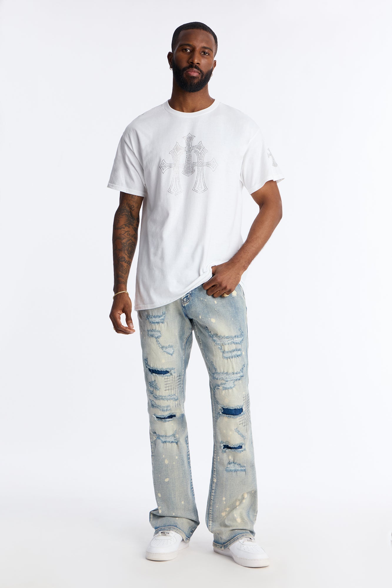 Three Crosses Rhinestones Oversized Short Sleeve Tee - White Fashion Nova