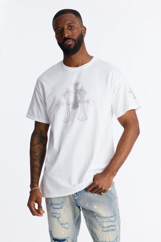 Three Crosses Rhinestones Oversized Short Sleeve Tee - White Fashion Nova