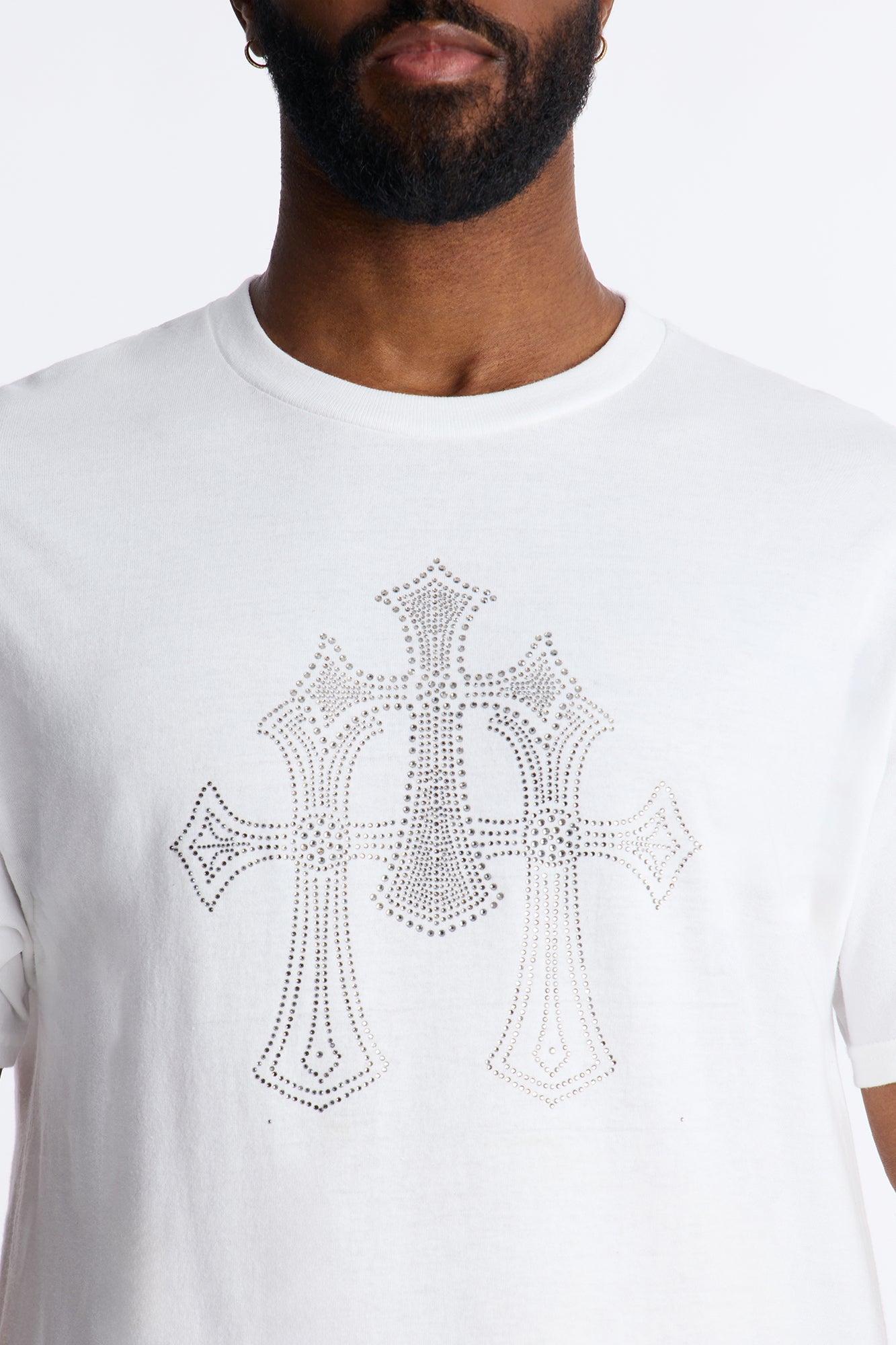 Three Crosses Rhinestones Oversized Short Sleeve Tee - White Fashion Nova