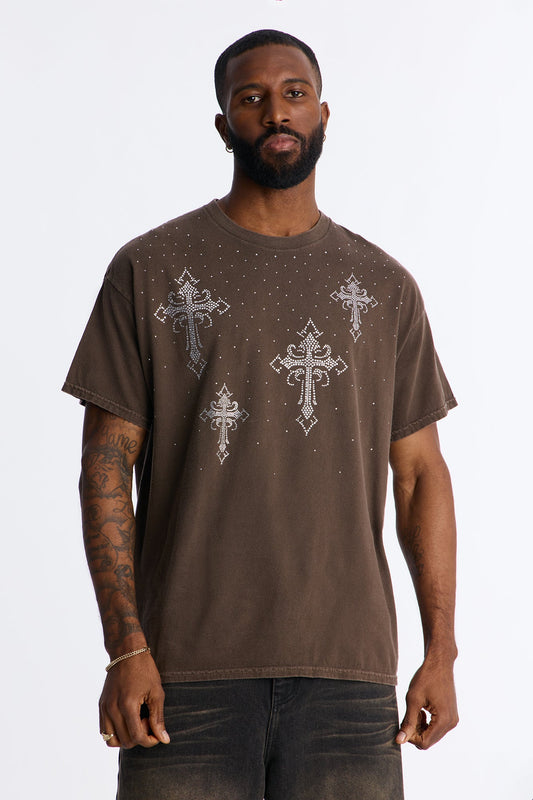 Bare The Cross Rhinestones Oversized Short Sleeve Tee - Chocolate Fashion Nova