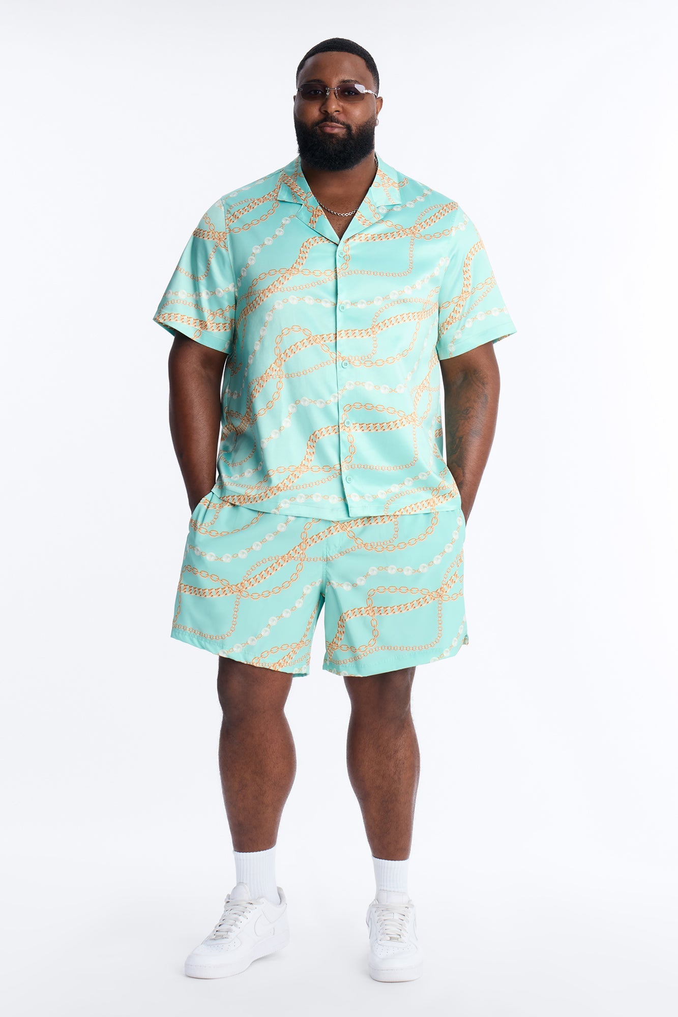 Chain Flex Printed Cuban Collar Button Up Shirt - Blue Fashion Nova