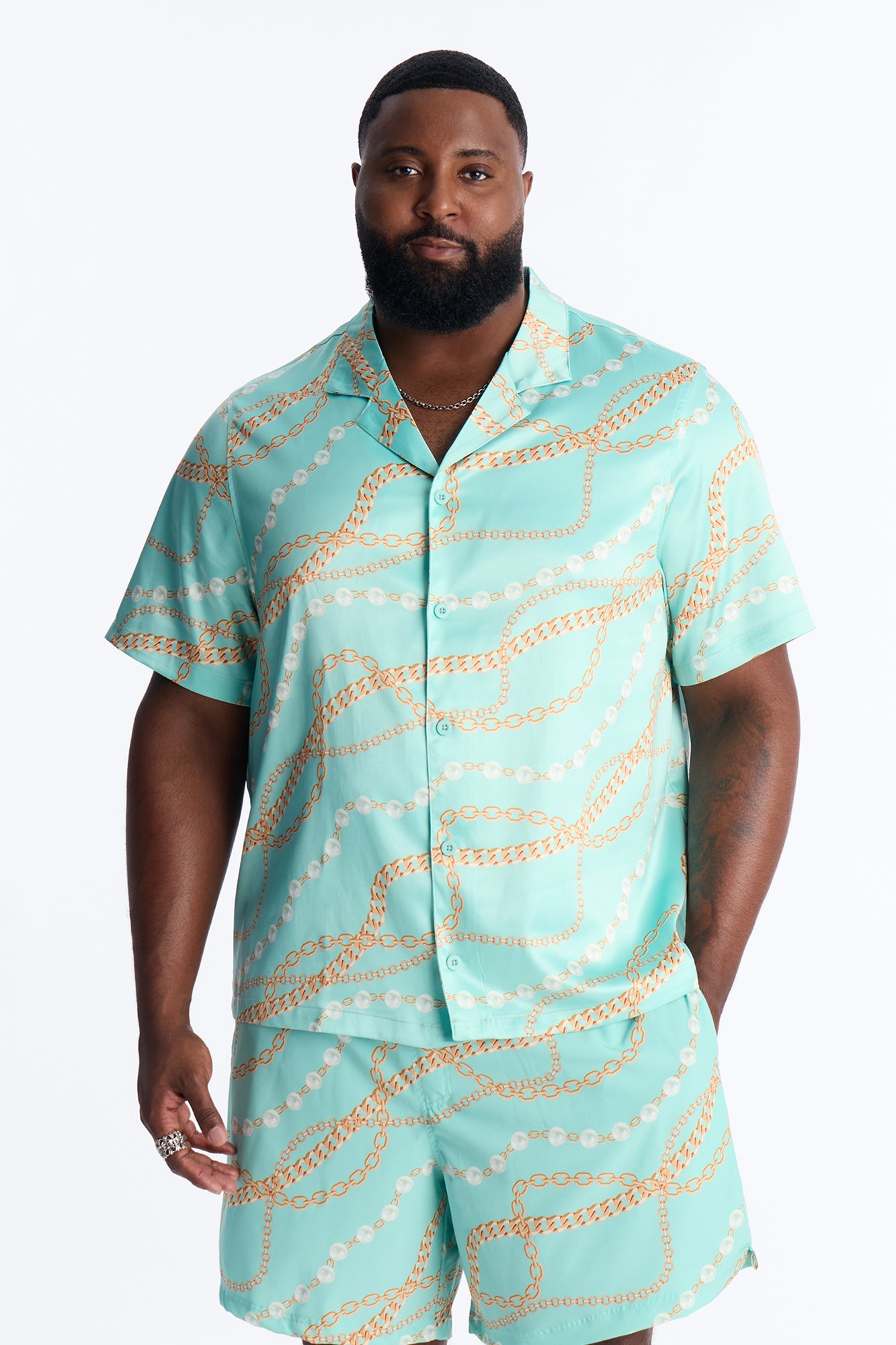 Chain Flex Printed Cuban Collar Button Up Shirt - Blue Fashion Nova