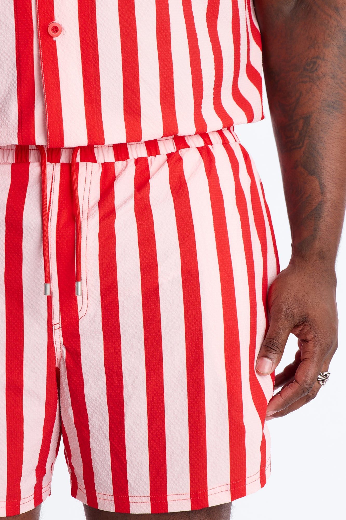 Striped Party Seersucker Swim Trunk 6″ - Red Fashion Nova