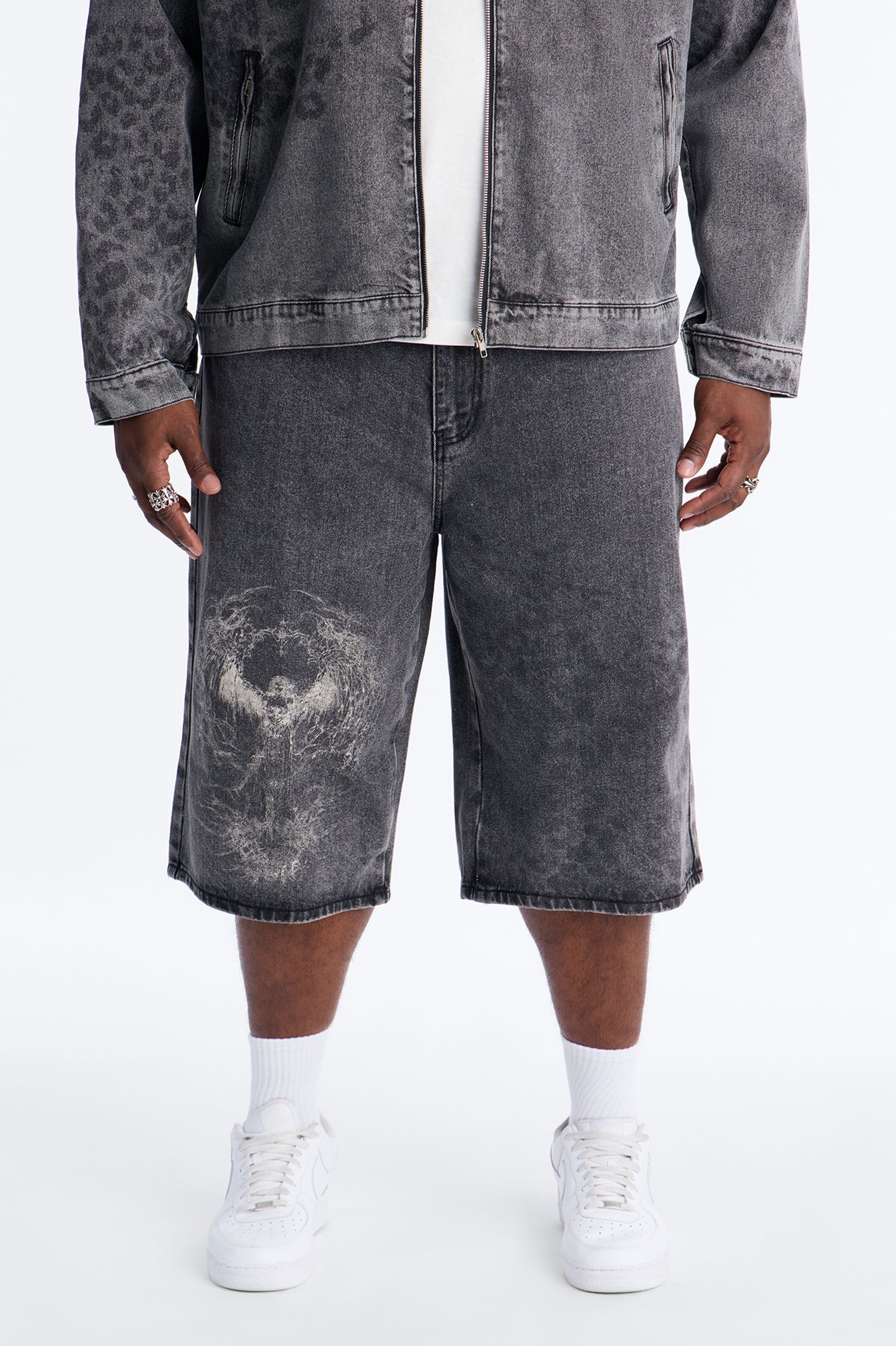 Baggy Night Fall Leopard Denim Shorts - Black Wash Fashion Nova