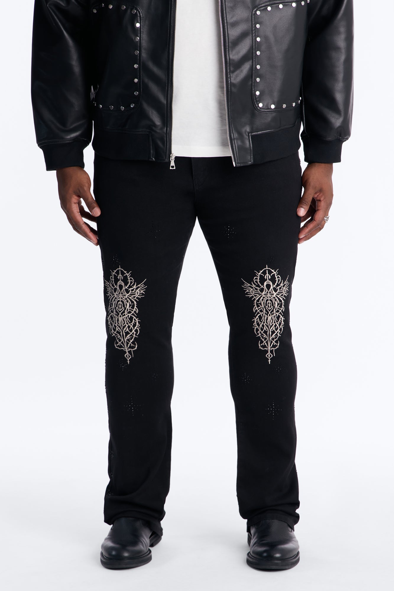 Stacked Skinny Flare Embroidered Saint Jeweled Jean - Black Fashion Nova