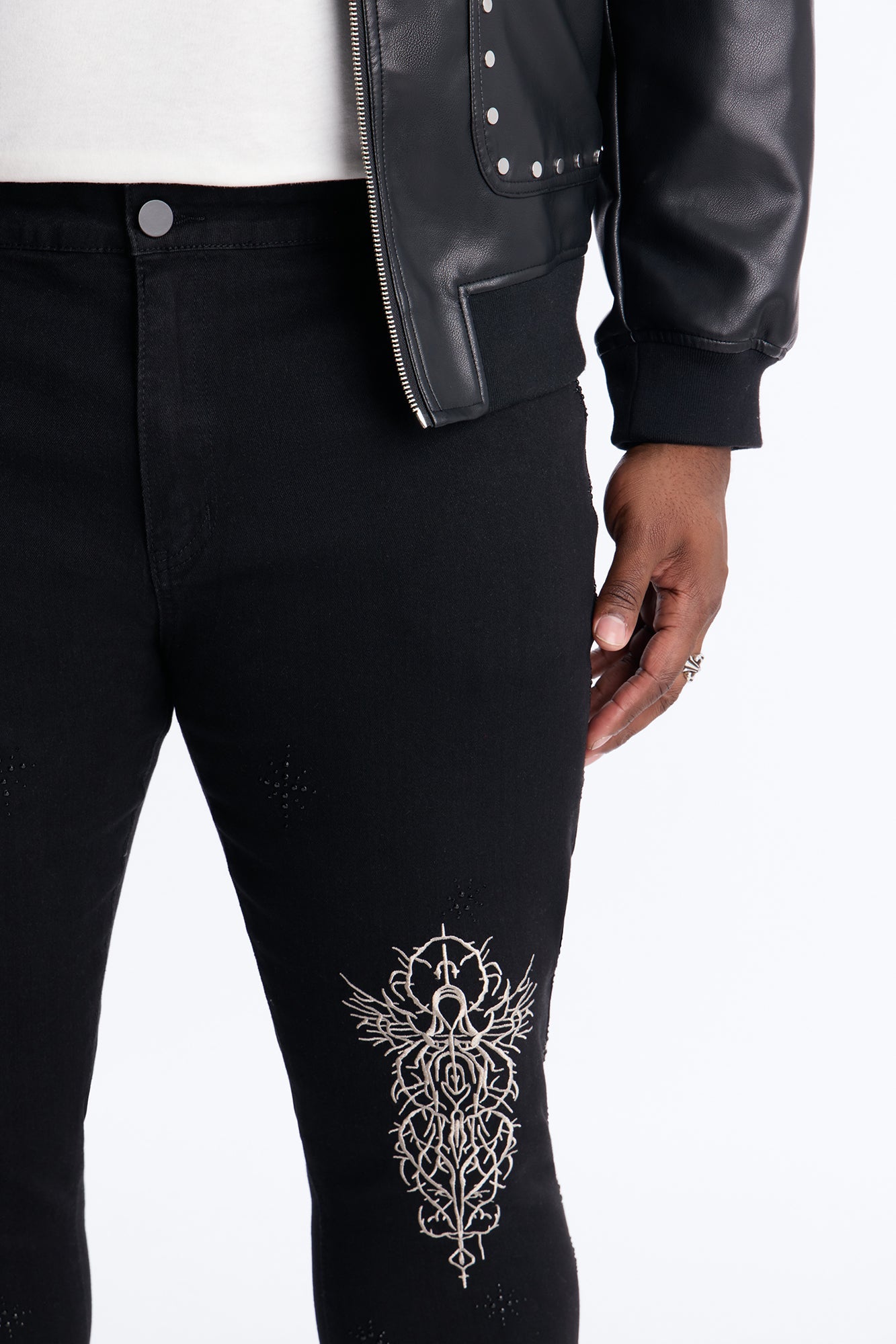 Stacked Skinny Flare Embroidered Saint Jeweled Jean - Black Fashion Nova