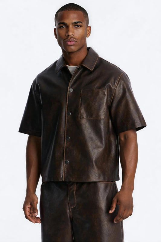 Cropped Relaxed Fordham Front Faux Leather Button Up Shirt - Brown Fashion Nova