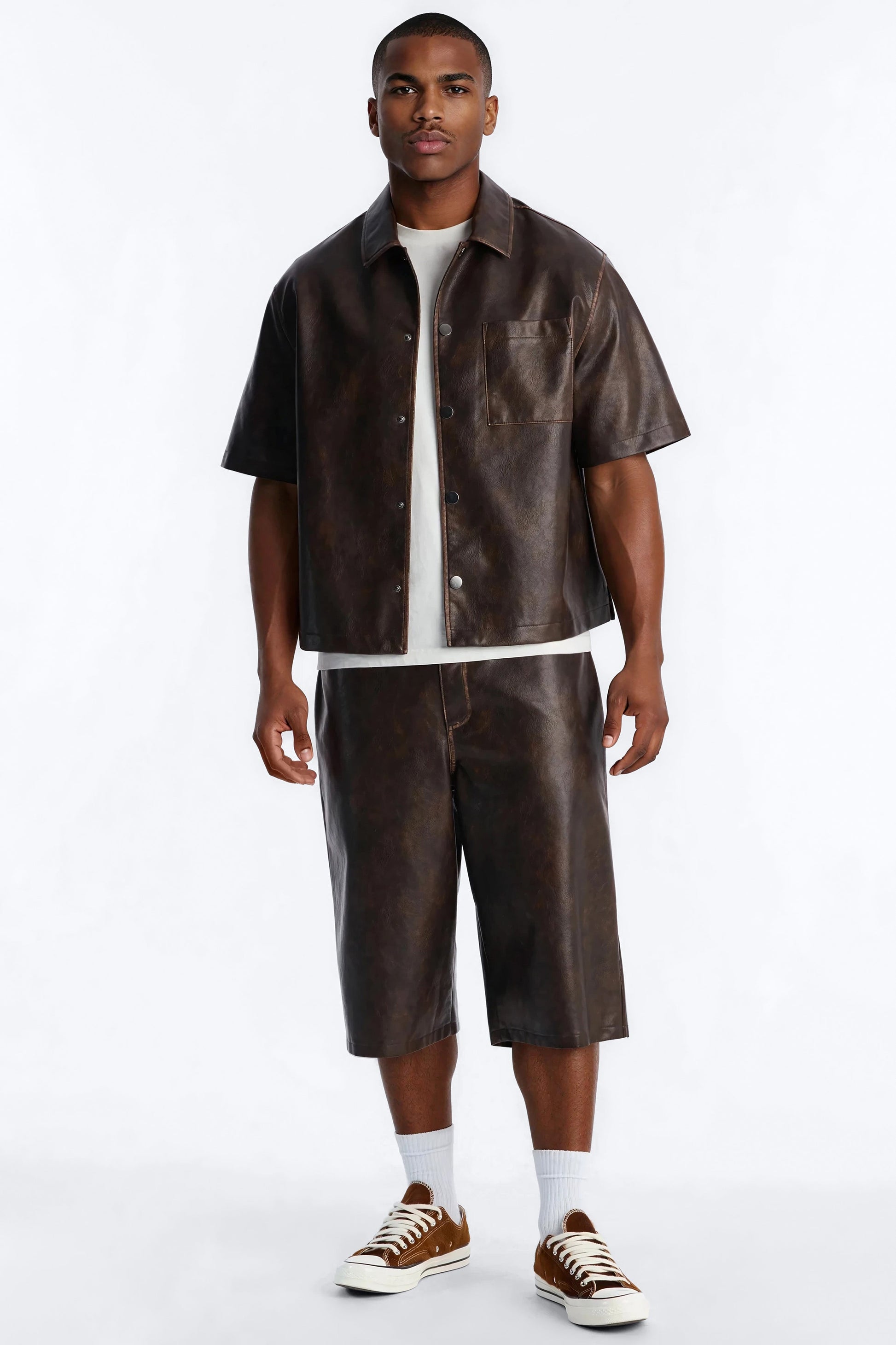 Cropped Relaxed Fordham Front Faux Leather Button Up Shirt - Brown Fashion Nova