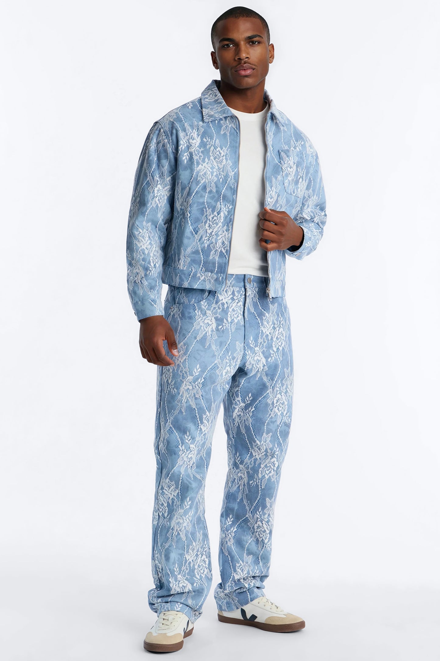Lace Overlay Zip Denim Jacket - Medium Blue Wash Fashion Nova