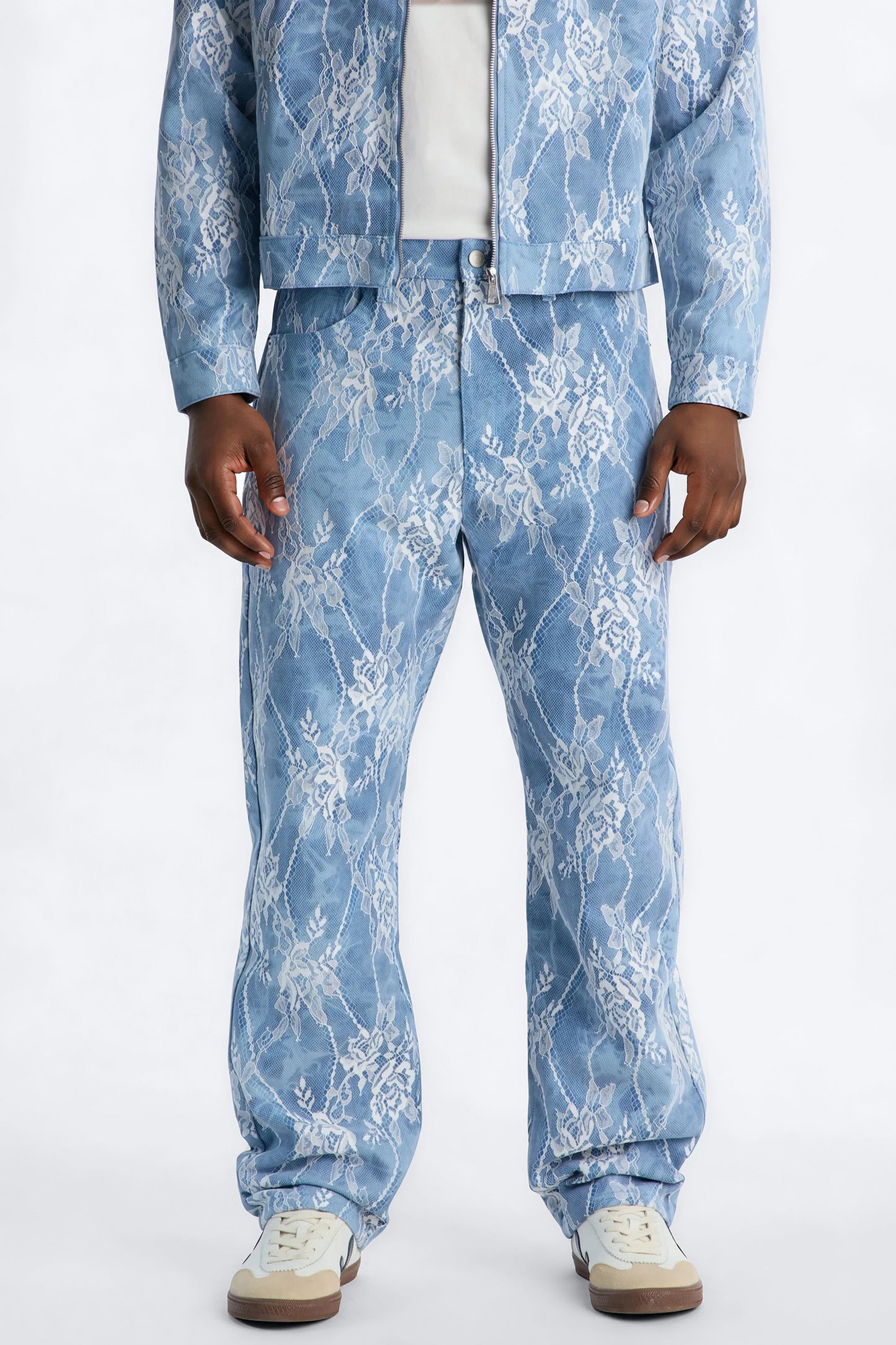 Lace Overlay Straight Jeans - Medium Blue Wash Fashion Nova