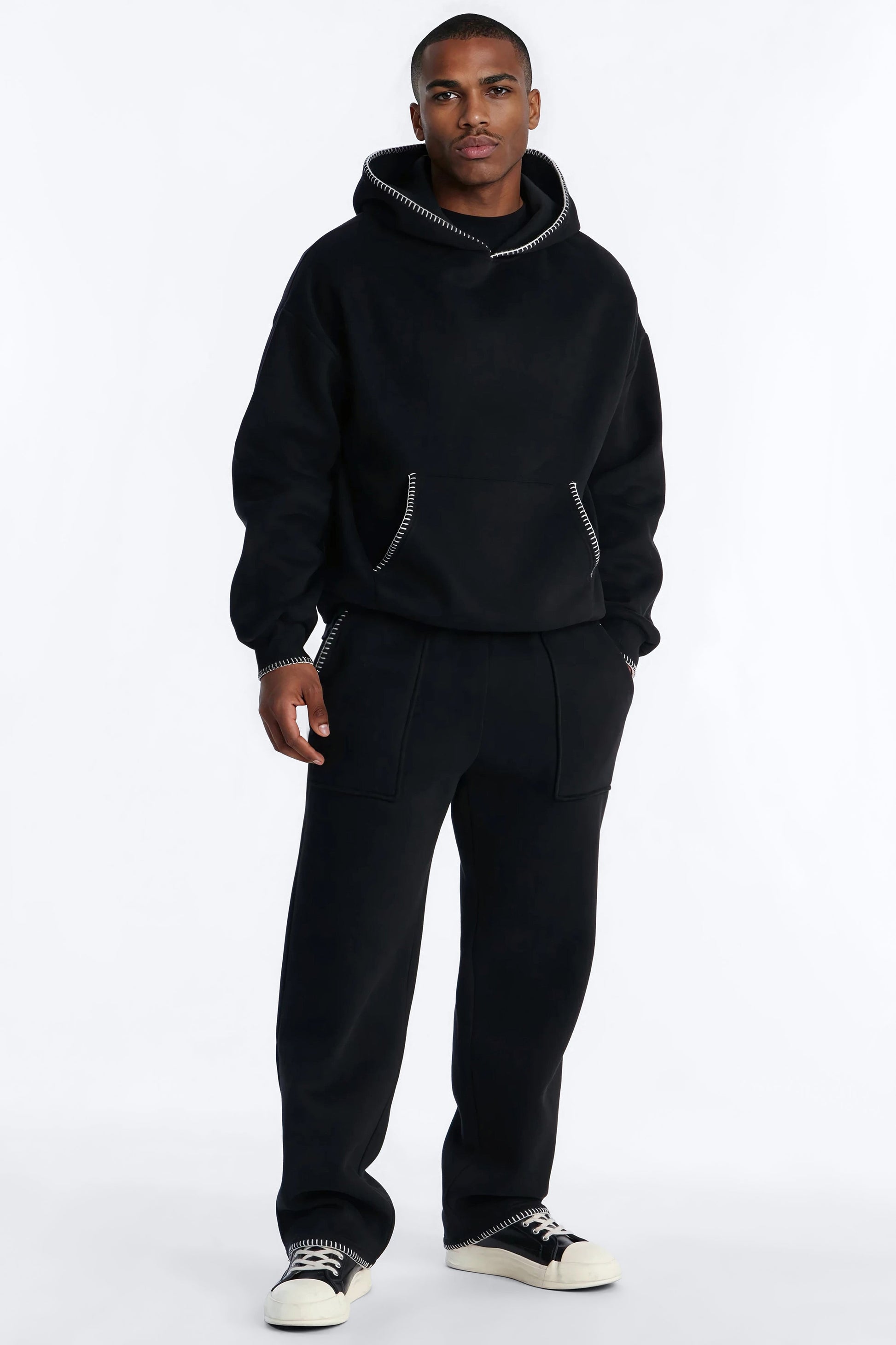 Oversized Contrast Blanket Stitch Hoodie - Black Fashion Nova
