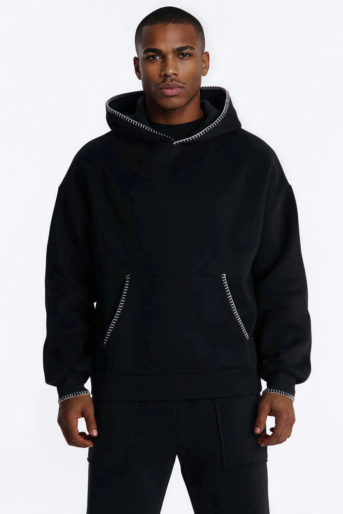 Oversized Contrast Blanket Stitch Hoodie - Black Fashion Nova