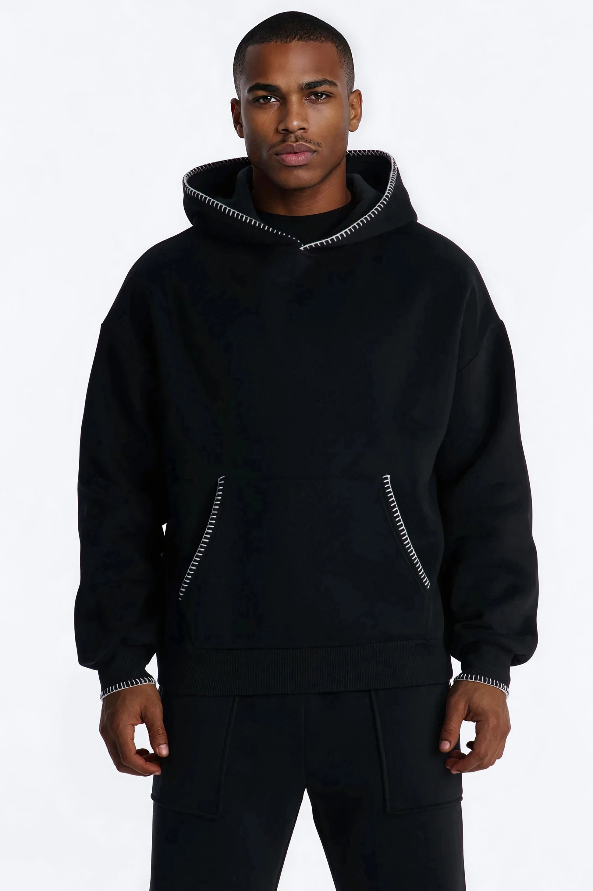 Oversized Contrast Blanket Stitch Hoodie - Black Fashion Nova