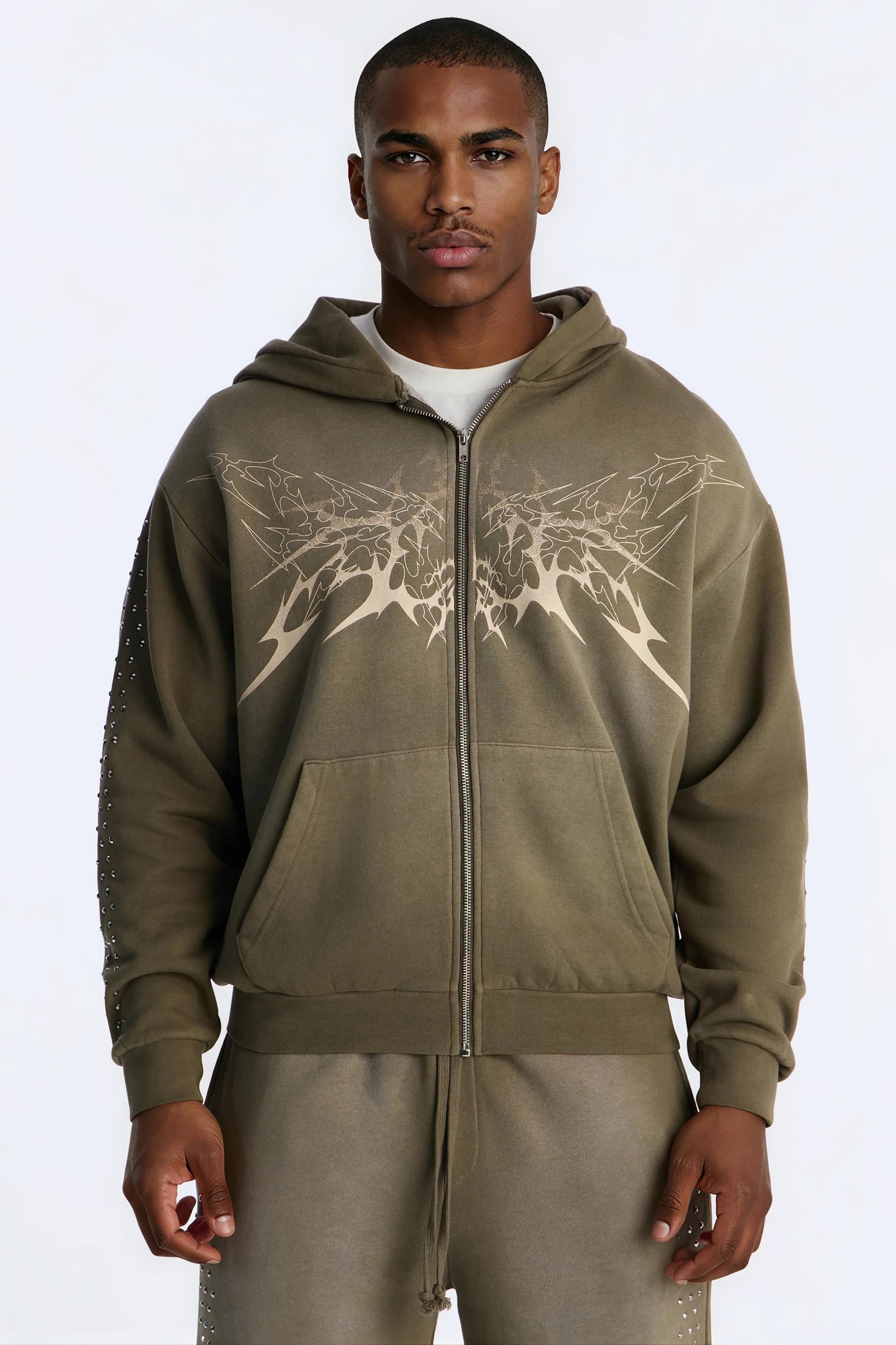 Tribal Rhinestone Zip Hoodie - Olive Fashion Nova