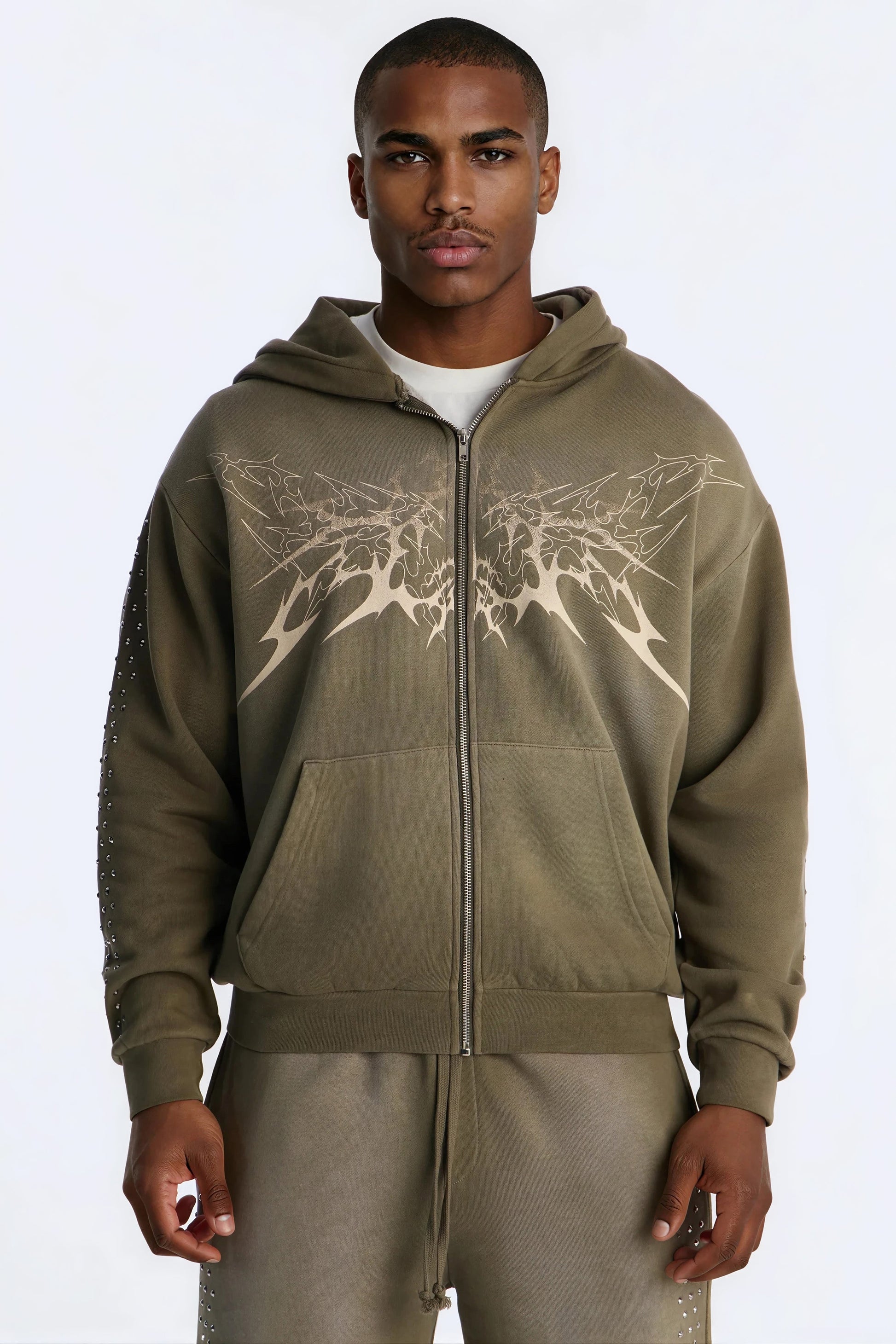Tribal Rhinestone Zip Hoodie - Olive Fashion Nova