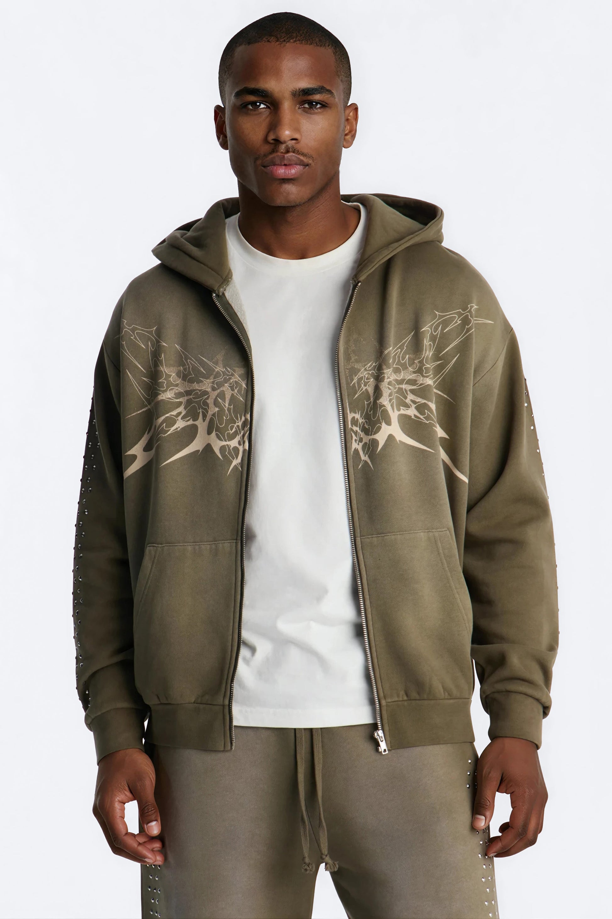 Tribal Rhinestone Zip Hoodie - Olive Fashion Nova