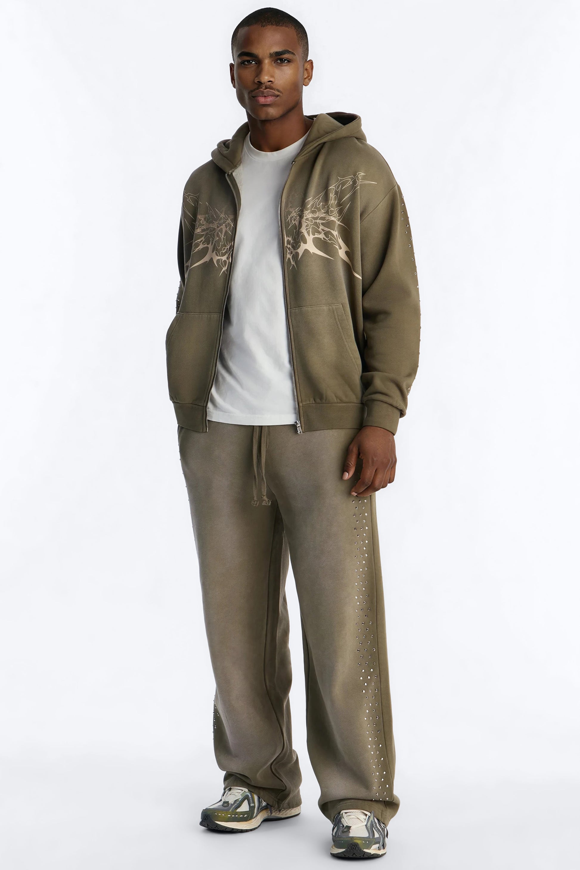 Tribal Rhinestone Zip Hoodie - Olive Fashion Nova