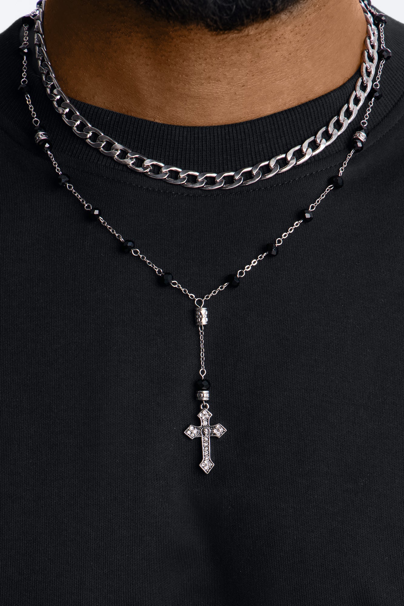 Layered Cuban And Beaded Cross Necklace Set - Silver/Black Fashion Nova