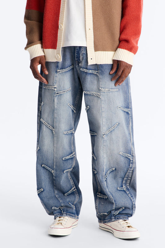 Barrel Slanted Fray Jean - Medium Blue Wash Fashion Nova