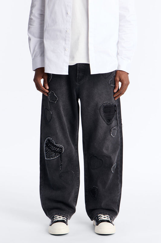 Baggy Stressin' Hearts Jeans - Black Wash Fashion Nova