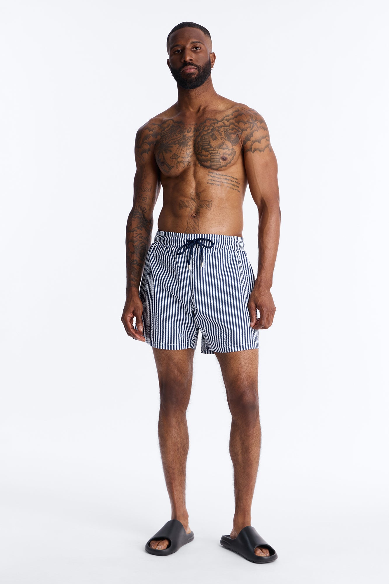Striped Resort Seersucker Swim Trunk 6″ - Navy Fashion Nova