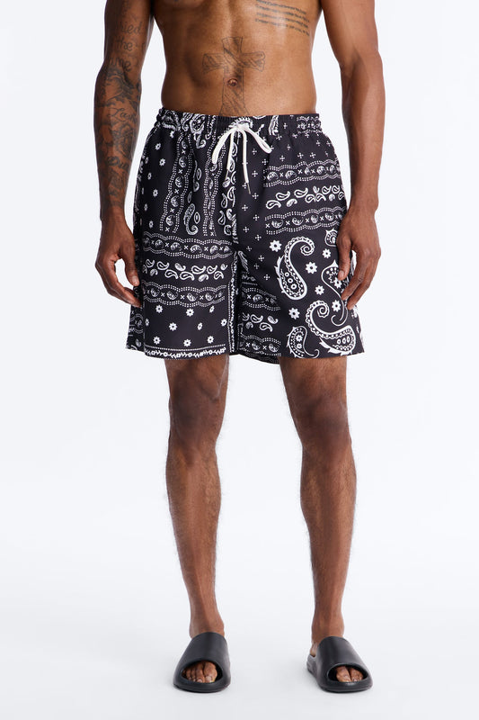 Wild Paisley Printed Swim Trunk 7″ - Black Fashion Nova