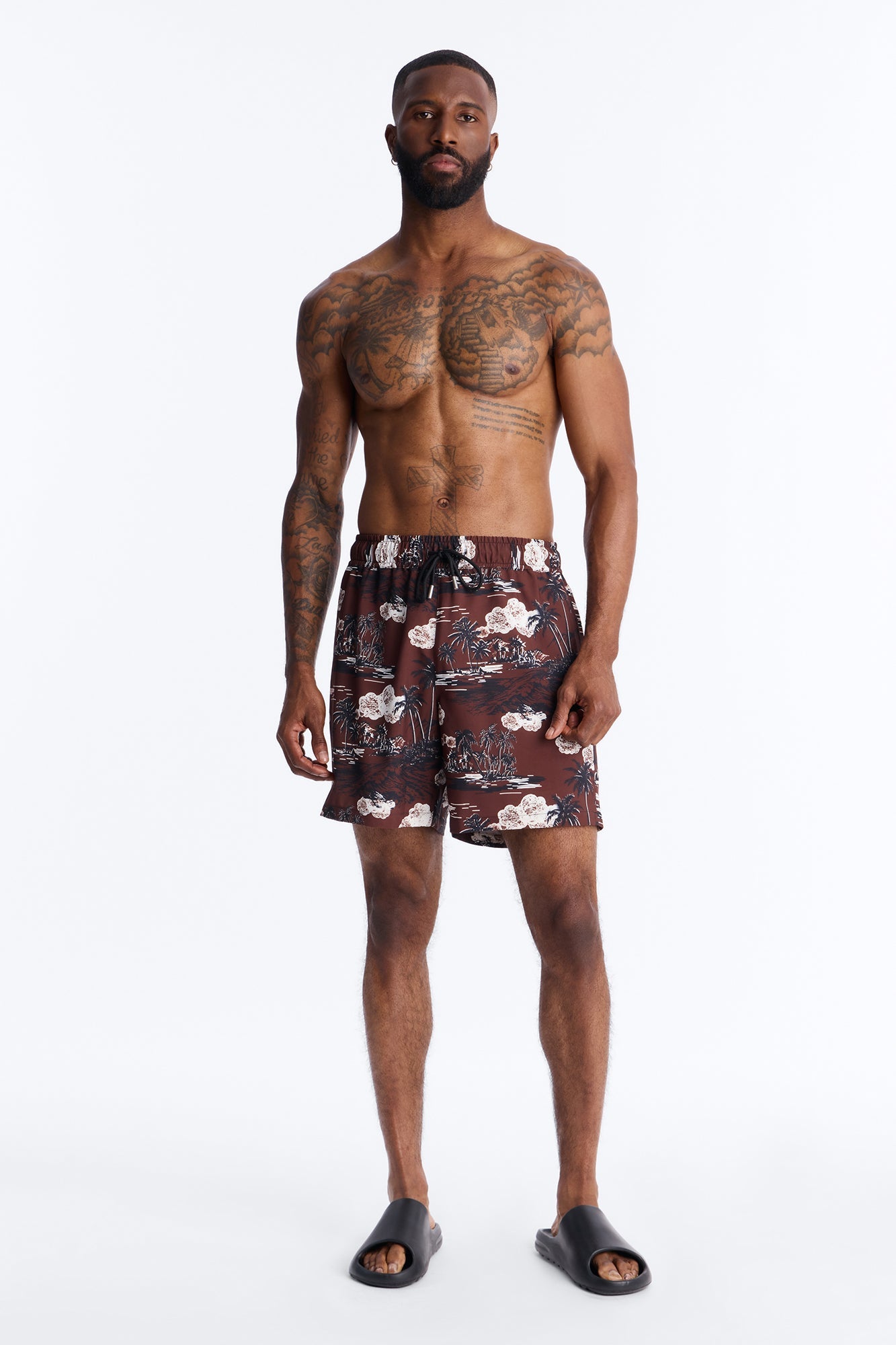 Brushed Tropical Oasis Swim Trunk 7″ - Brown Fashion Nova