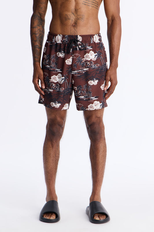 Brushed Tropical Oasis Swim Trunk 7″ - Brown Fashion Nova