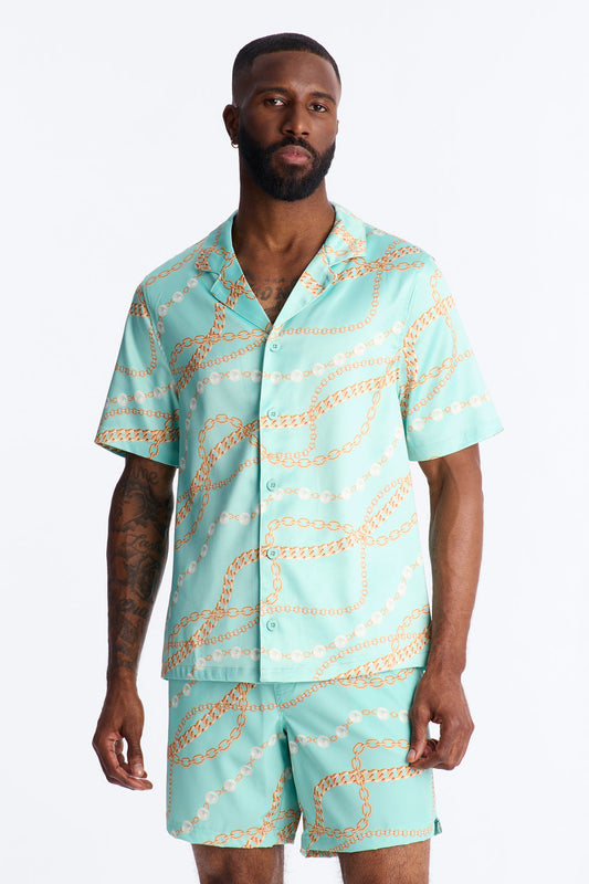 Chain Flex Printed Cuban Collar Button Up Shirt - Blue Fashion Nova