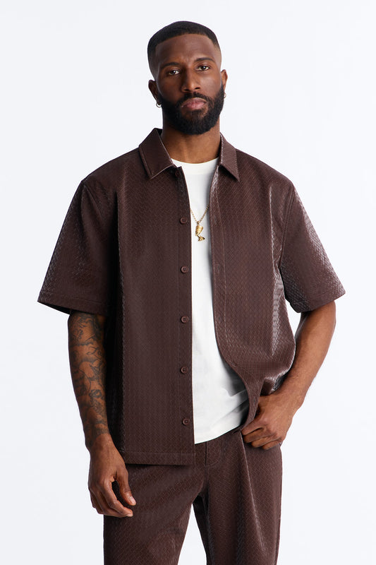 Tisse Textured Faux Leather Button Up Shirt - Brown Fashion Nova