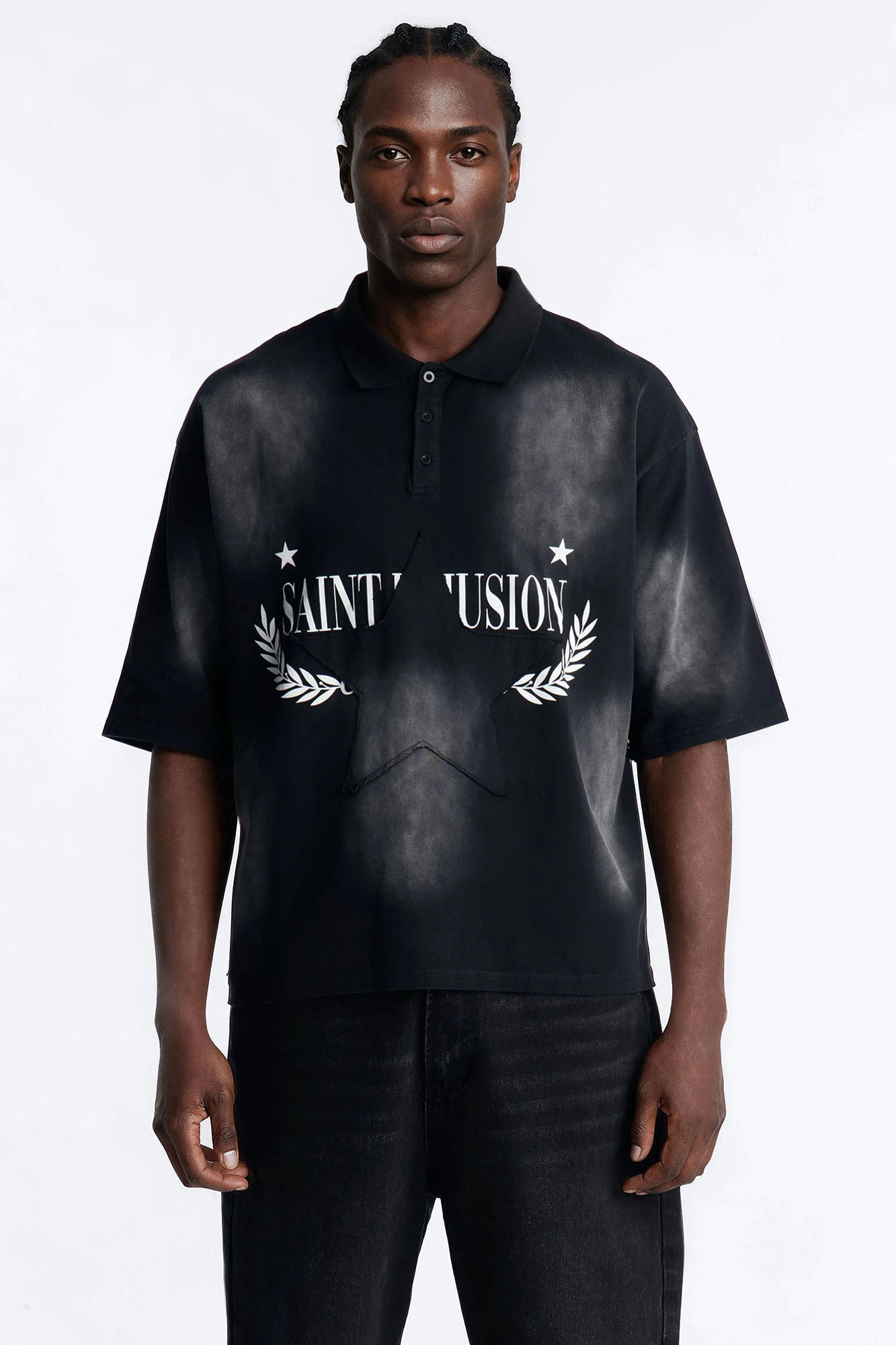 Stars And Saints illusion Short Sleeve Knit Polo - Black Fashion Nova