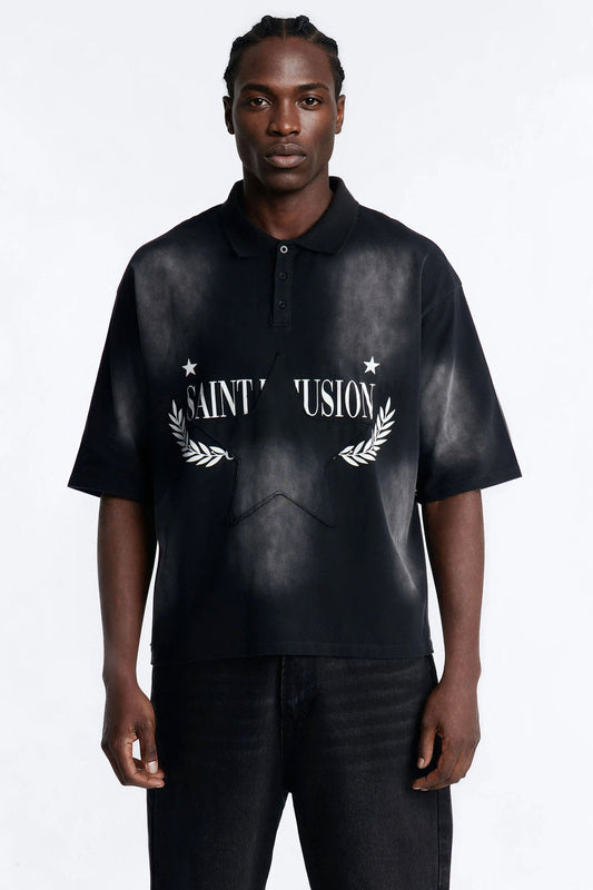 Stars And Saints illusion Short Sleeve Knit Polo - Black Fashion Nova
