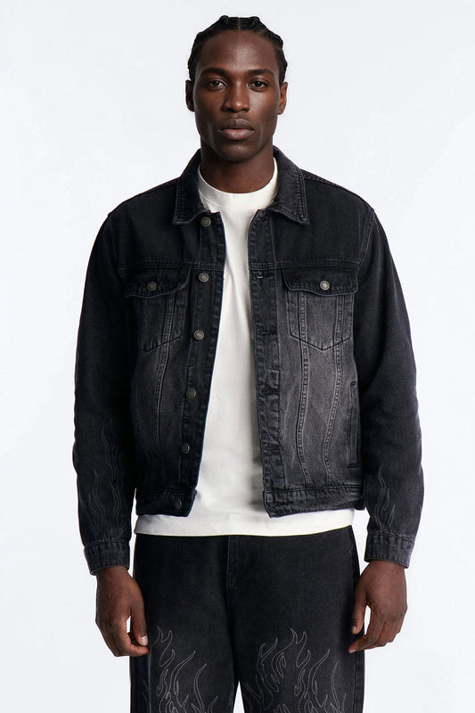Cropped Hellfire Denim Trucker Jacket - Black Wash Fashion Nova