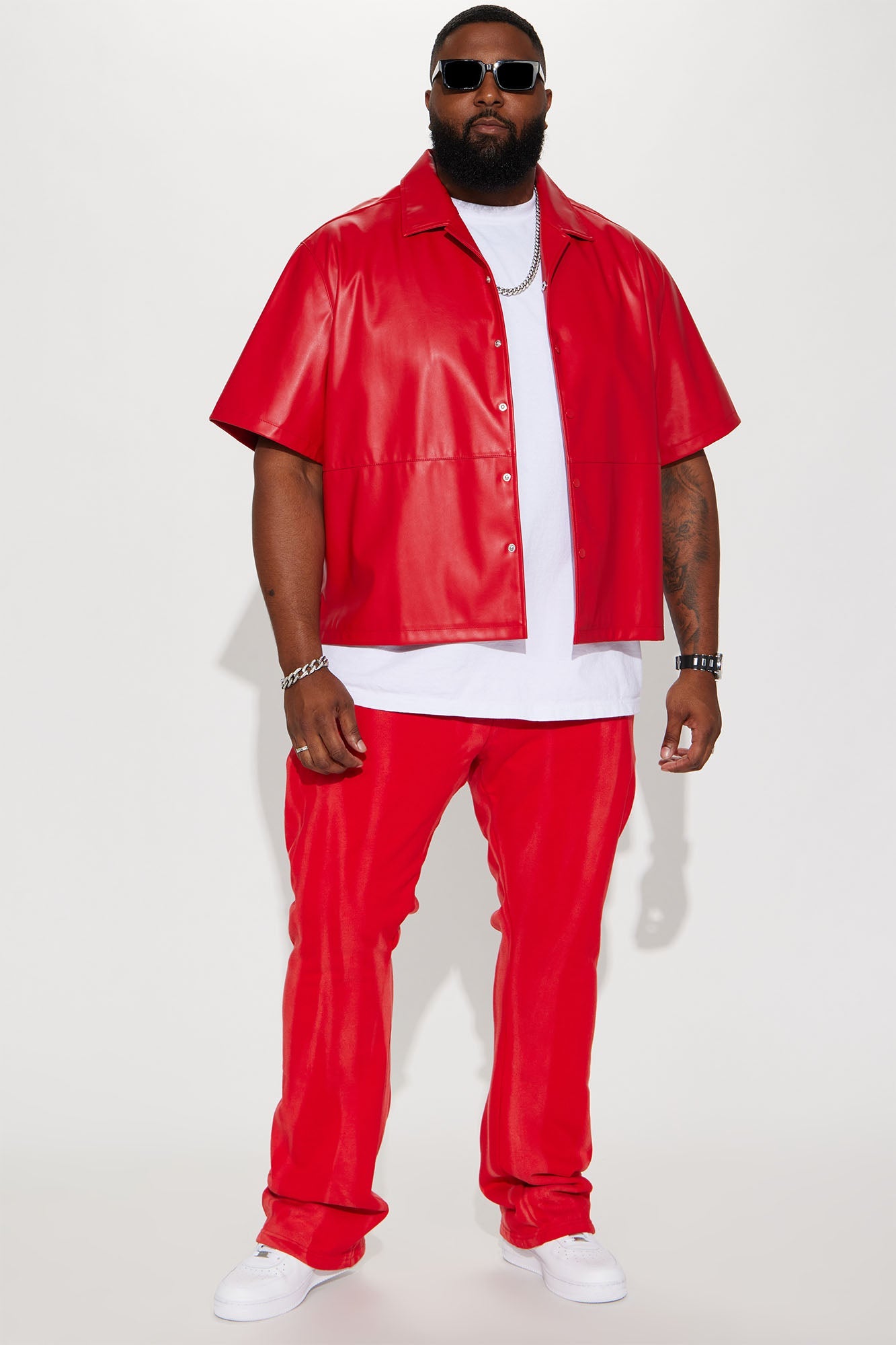 Slam Dunk Faux Leather Short Sleeve Button Up - Red Fashion Nova
