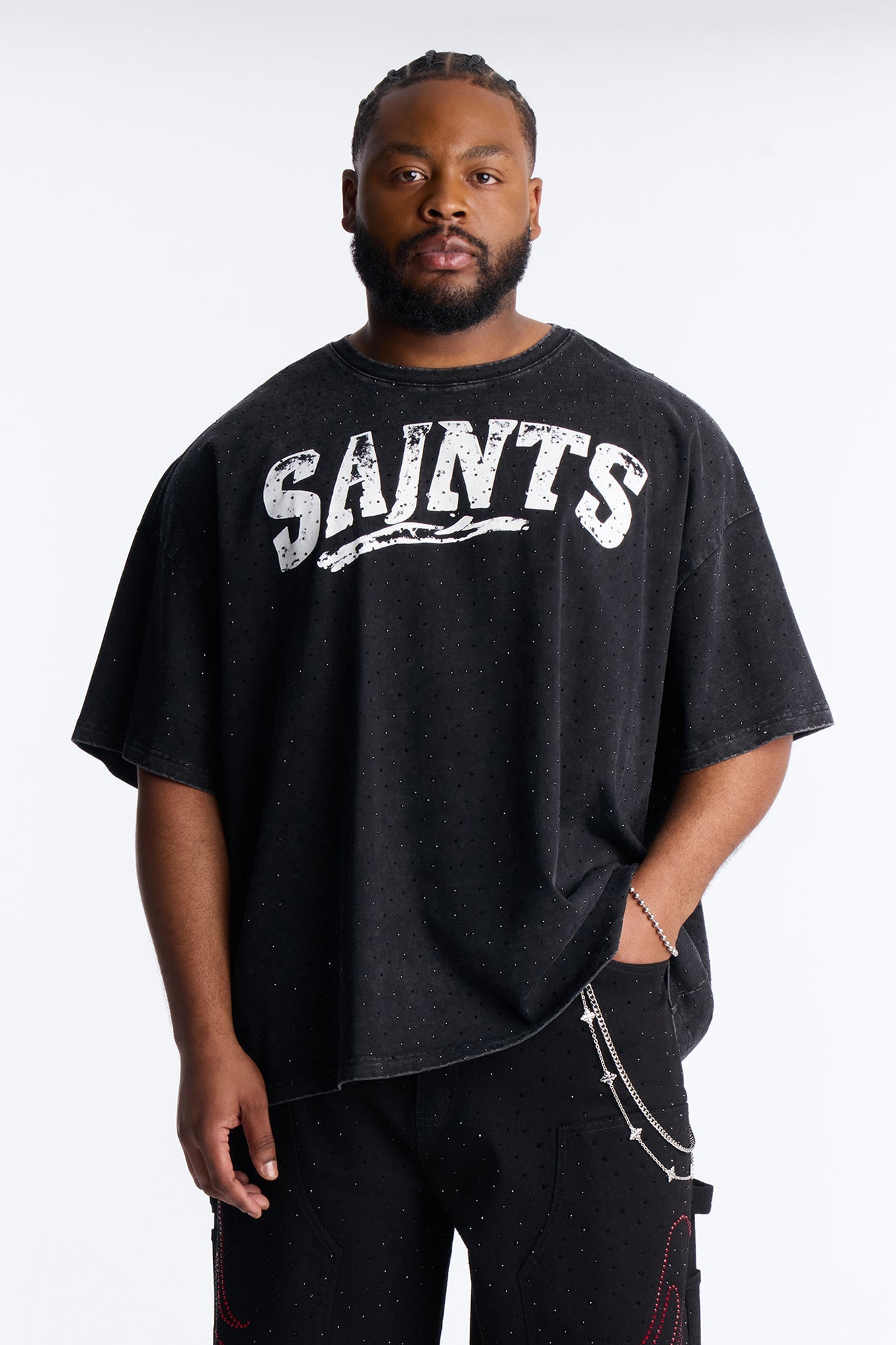 Saints Rhinestone Premium Short Sleeve Tee - Black Fashion Nova
