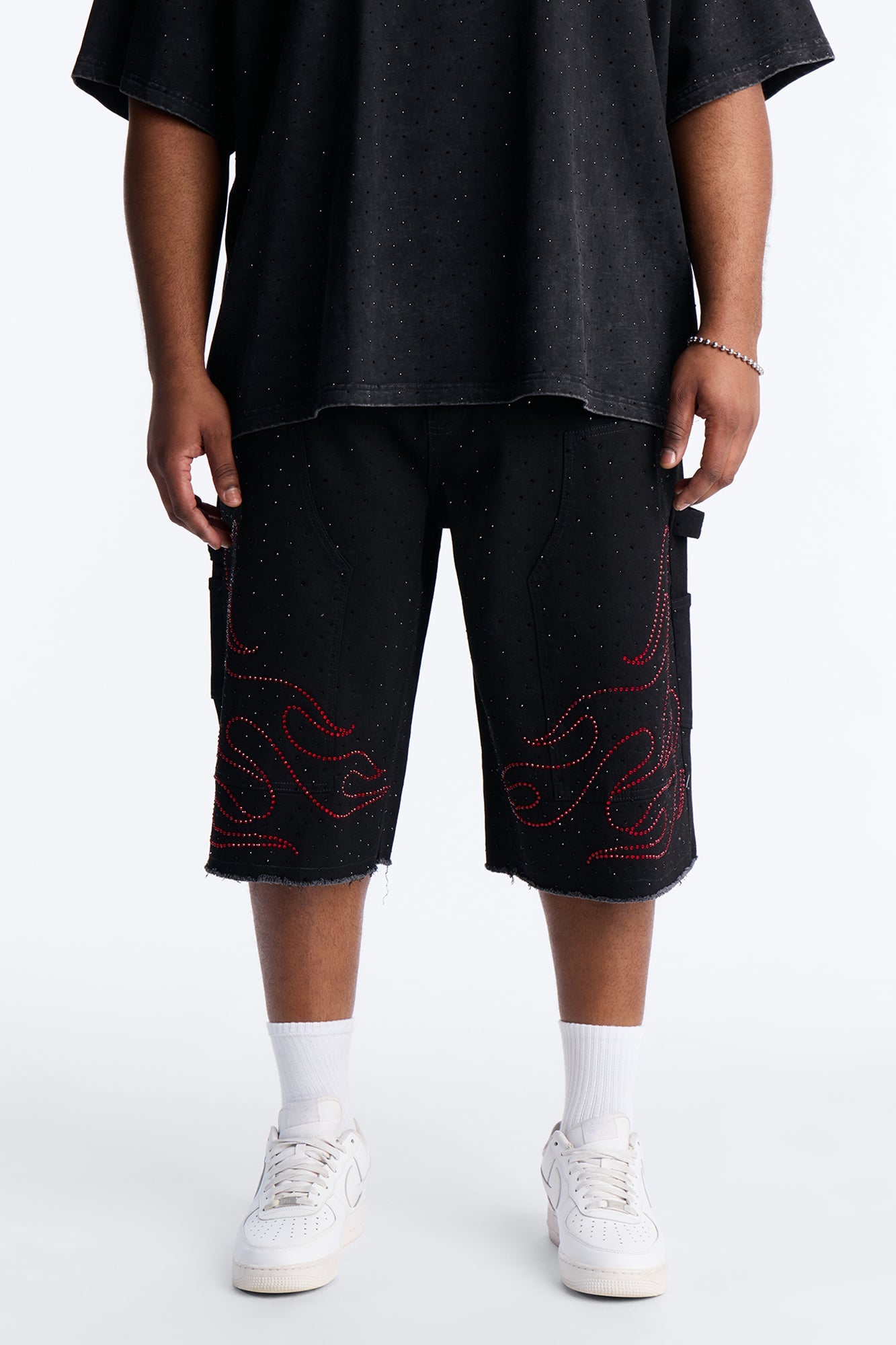 Baggy Flamed Jewel Carpenter Denim Short - Black Fashion Nova