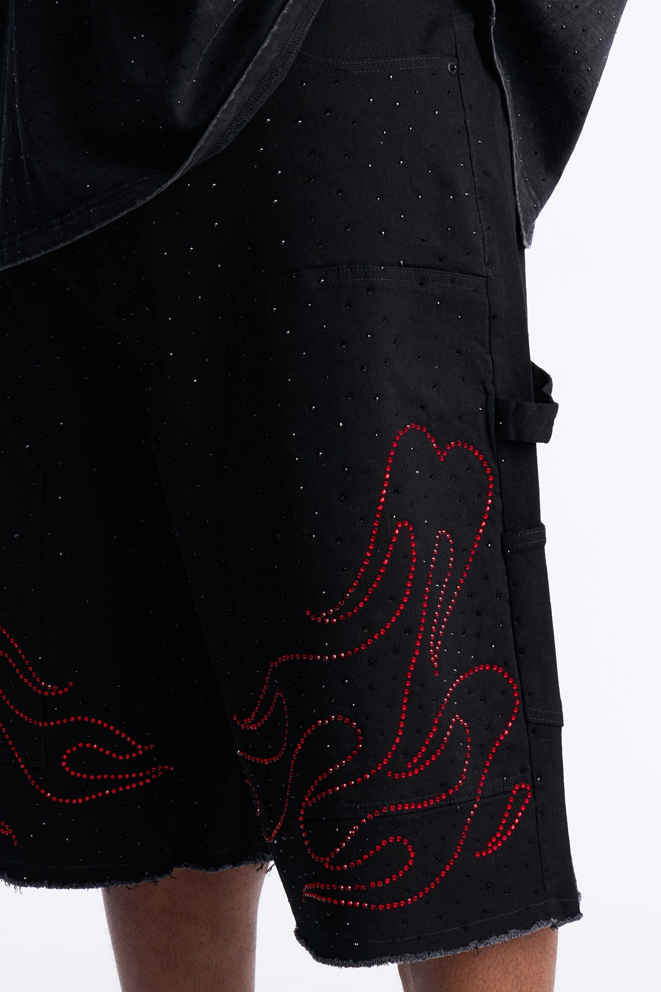Baggy Flamed Jewel Carpenter Denim Short - Black Fashion Nova