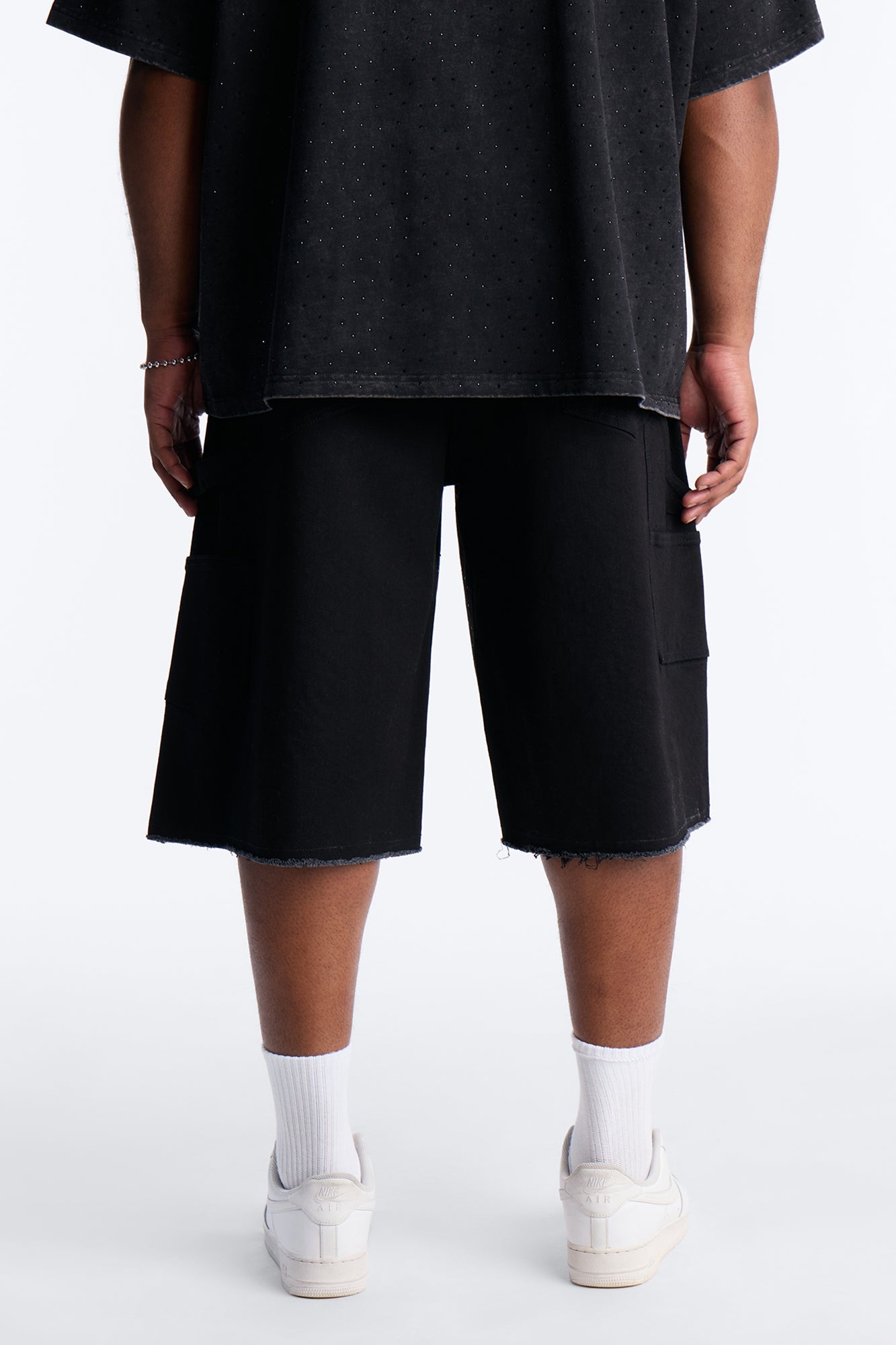 Baggy Flamed Jewel Carpenter Denim Short - Black Fashion Nova