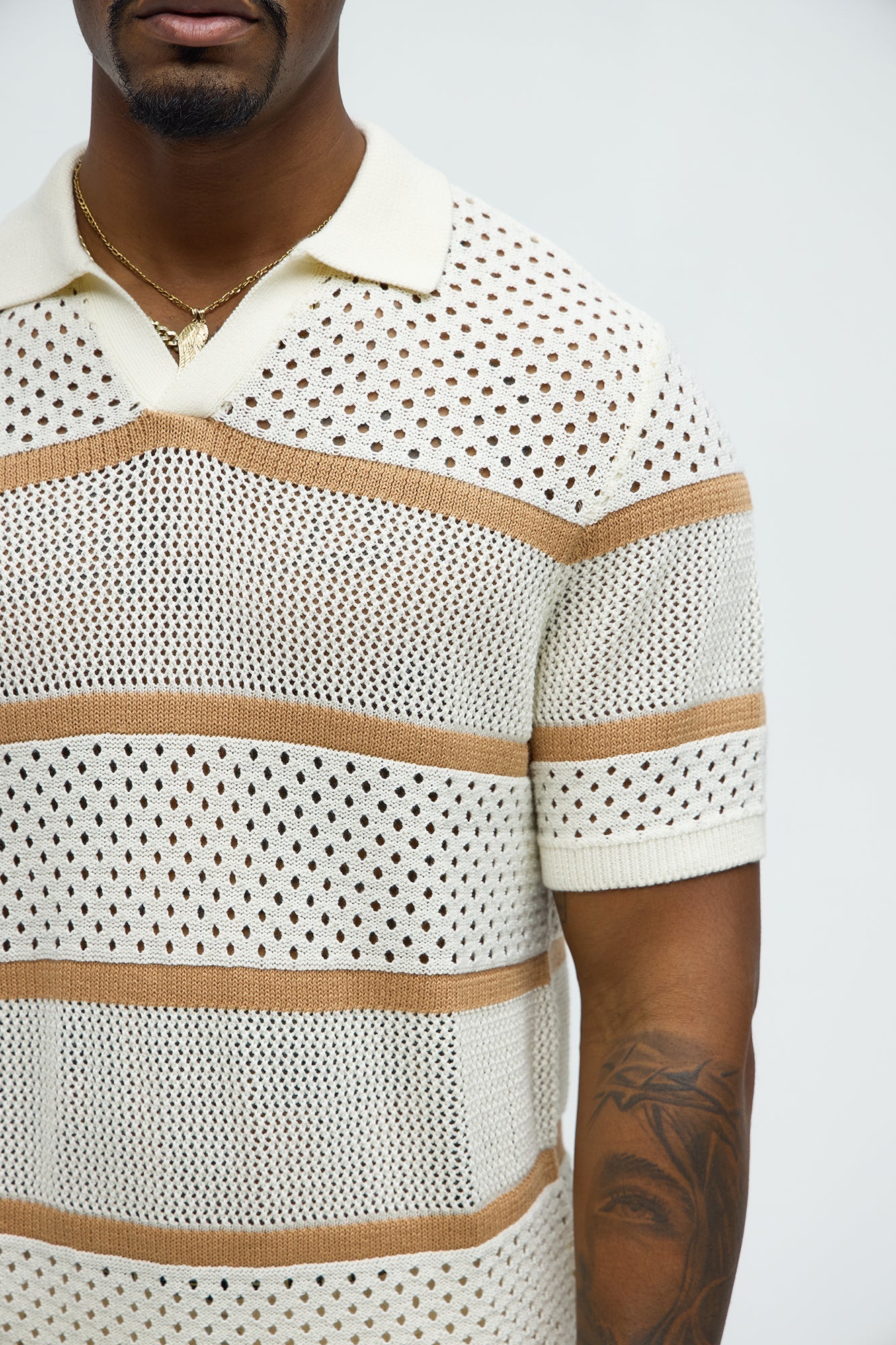 Mixed Texture Knitted Johnny Collar Shirt - Cream/combo Fashion Nova