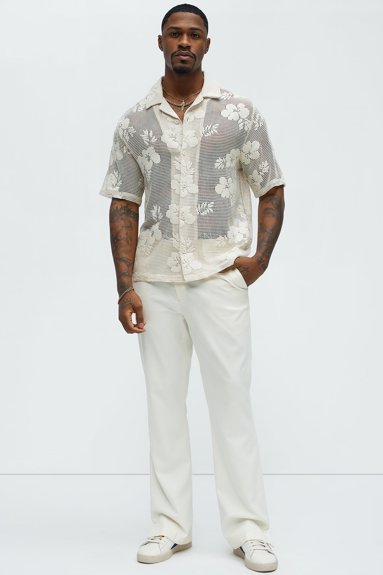 Carver Open Knit Crochet Cuban Shirt - Cream Fashion Nova