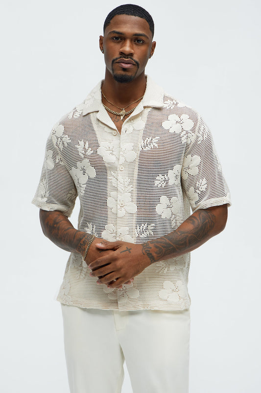 Carver Open Knit Crochet Cuban Shirt - Cream Fashion Nova